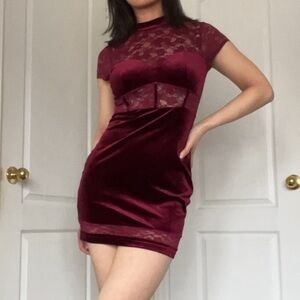 Red Suede and Lace High Neck Dress - Clubbing, Night Out